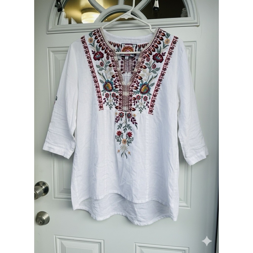 Johnny Was Women's Azalea Embroidered Linen Blouse SIZE S